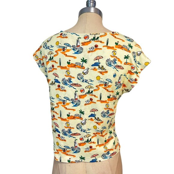 Roller Rabbit Beach Print Yellow Short Sleeve Cotton Top Womens Small - Picture 3 of 5